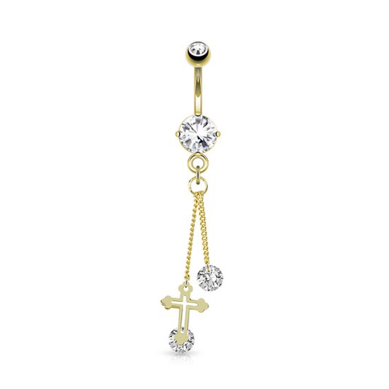 Croix de Bellypiercing avec long pendentif CZ pierre plaqué or blanc 14kt. © LMPiercings