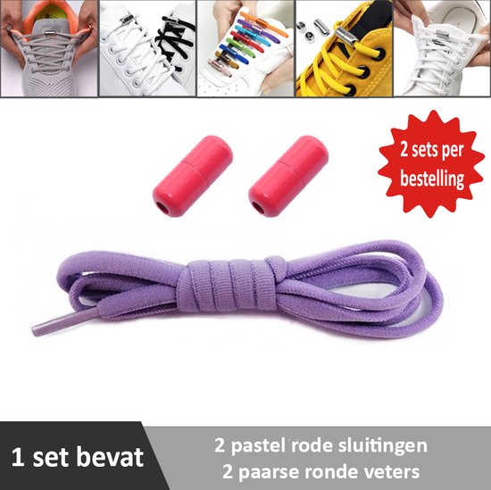 2 paar paarse ronde elastische veters met pastel rode sluitingen. Je hoeft voortaan nooit meer je veters te strikken