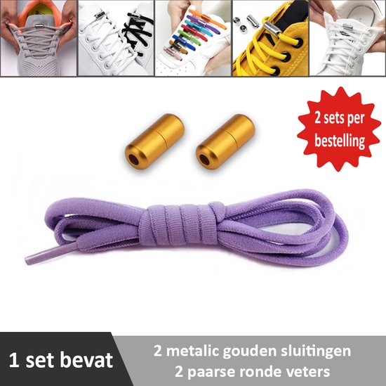 2 paar paarse ronde elastische veters met metalic gouden sluitingen. Je hoeft voortaan nooit meer je veters te strikken