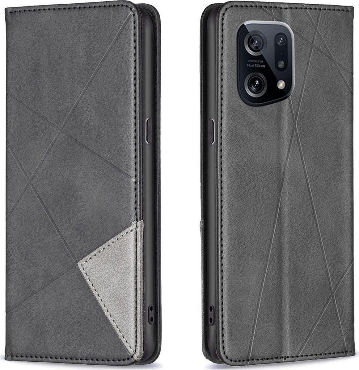 Mobigear Telefoonhoesje geschikt voor OPPO Find X5 Hoesje | Mobigear Rhombus Slim Bookcase | Pasjeshouder voor 2 Pasjes | Telefoonhoesje voor Pinpas / OV Kaart / Rijbewijs - Zwart