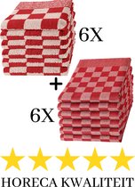 Bol.com Droomtexiel® Horeca Kwaliteit Katoenen Theedoeken & Keukendoeken set - 6x Theedoeken + 6x Keukendoeken - Rood Wit - aanbieding