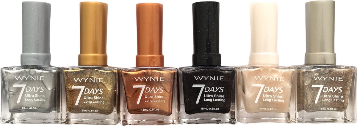 Wynie - 6 Flesjes Nagellak 7 Days Ultra Shine Long Lasting - Mini Glitters/Shimmer/Metallic - Goud/Zilver/Zwart/Wit - 1 Set met 6 flesjes