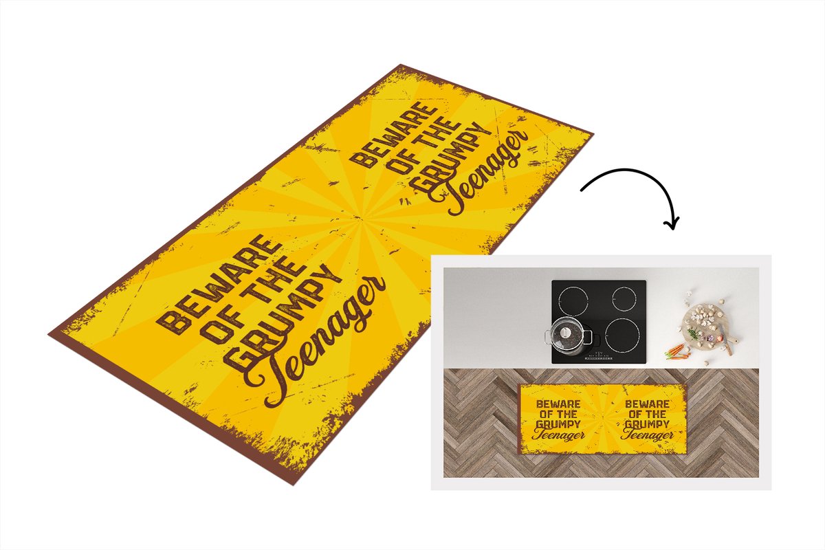 KitchenYeah Keukenloper - Loper keuken - Kind - Quotes - Vintage - Beware of the grumpy teenager - Keukenloper vinyl Multicolor