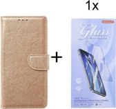 Bookcase Geschikt voor: Oppo Find X5 Pro - Goud - Portemonnee hoesje met 1 stuk Glas Screen protector