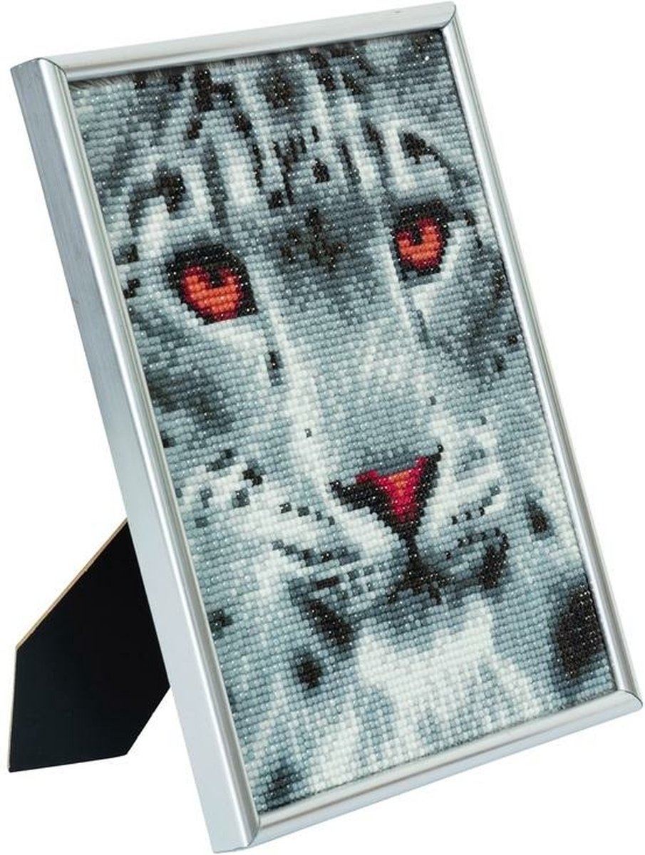 Diamond Painting Crystal Art Kit ® Snow Leopard 21x25 cm incl. zileveren frame met standaard, full painting portrait