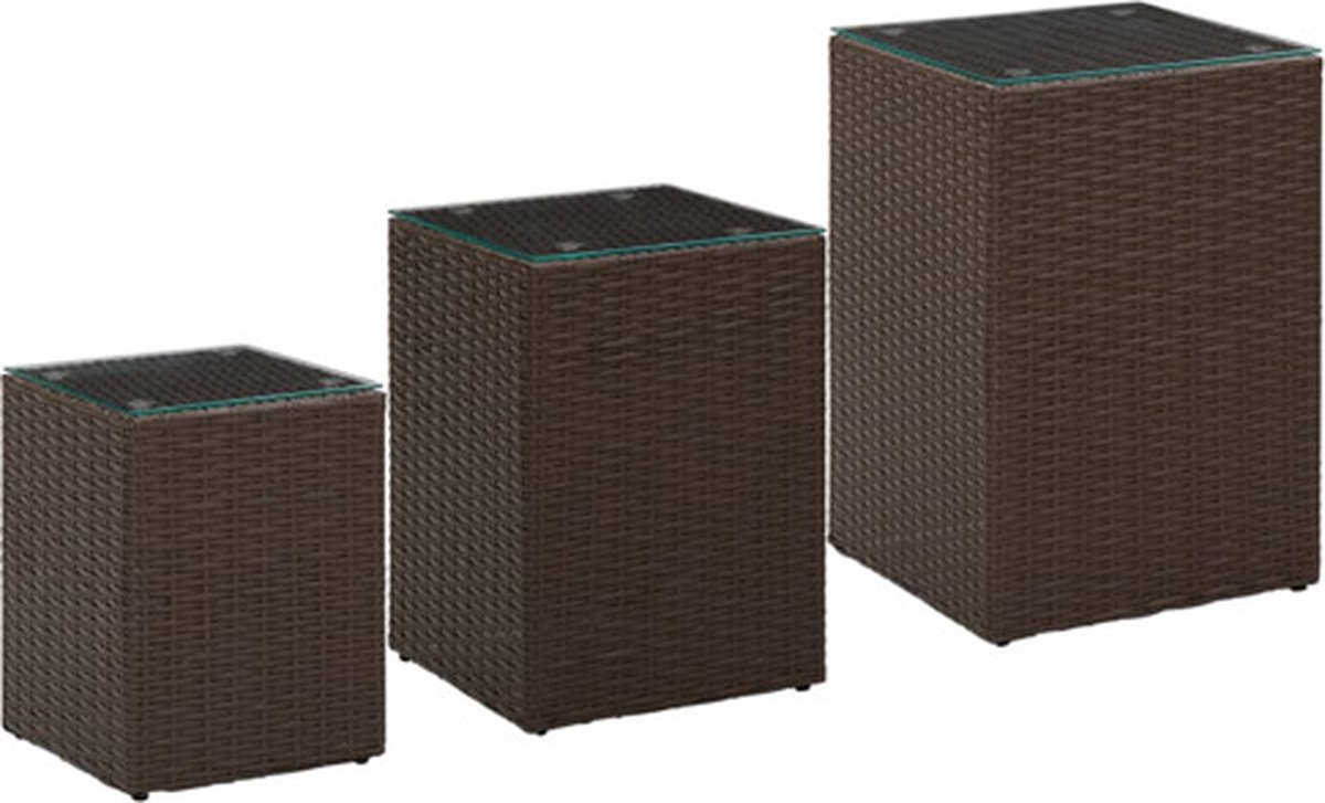 vidaXL 3-delige - Bijzettafelset - met - glazen - blad - poly - rattan - bruin