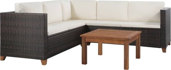vidaXL 4-delige Loungeset met kussens poly rattan bruin