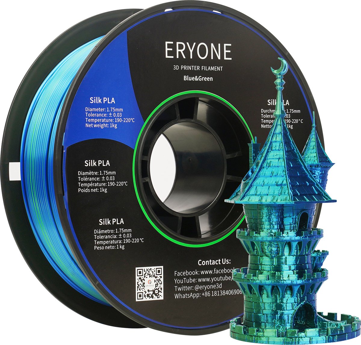 Eryone Matte PLA Filament 1.75mm 1kg Pour Printer 3D et Stylo 3D Zwart