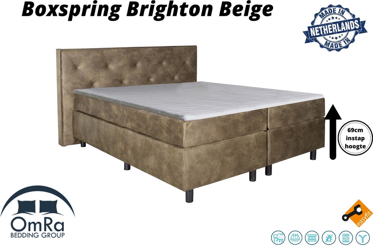 Omra - Complete boxspring - Brighton Beige - 100x210 cm - Inclusief Topdekmatras - Hotel boxspring