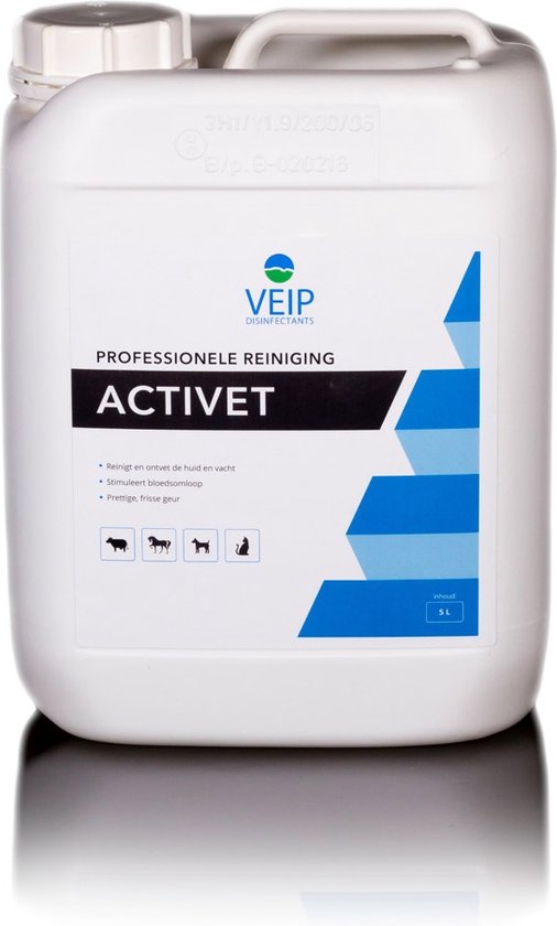 Witte jerrycan van 5 liter met VEIP ACTIVET professionele reiniging label. Witte dop.