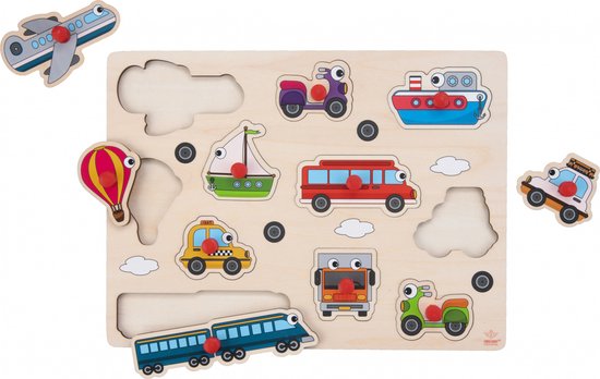 Houten insteekpuzzel met acht voertuigen, waaronder een vliegtuig, boot en trein.