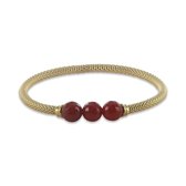 Silventi 9SIL-22653 Zilveren Armband - Dames - Popcorn - Rekbaar - 3,7 mm Dikte - 3 Kralen - Agaat - 8 mm Doorsnee - 18 cm - Rood - Zilver - Gold Plated (Verguld/Goud op Zilver)