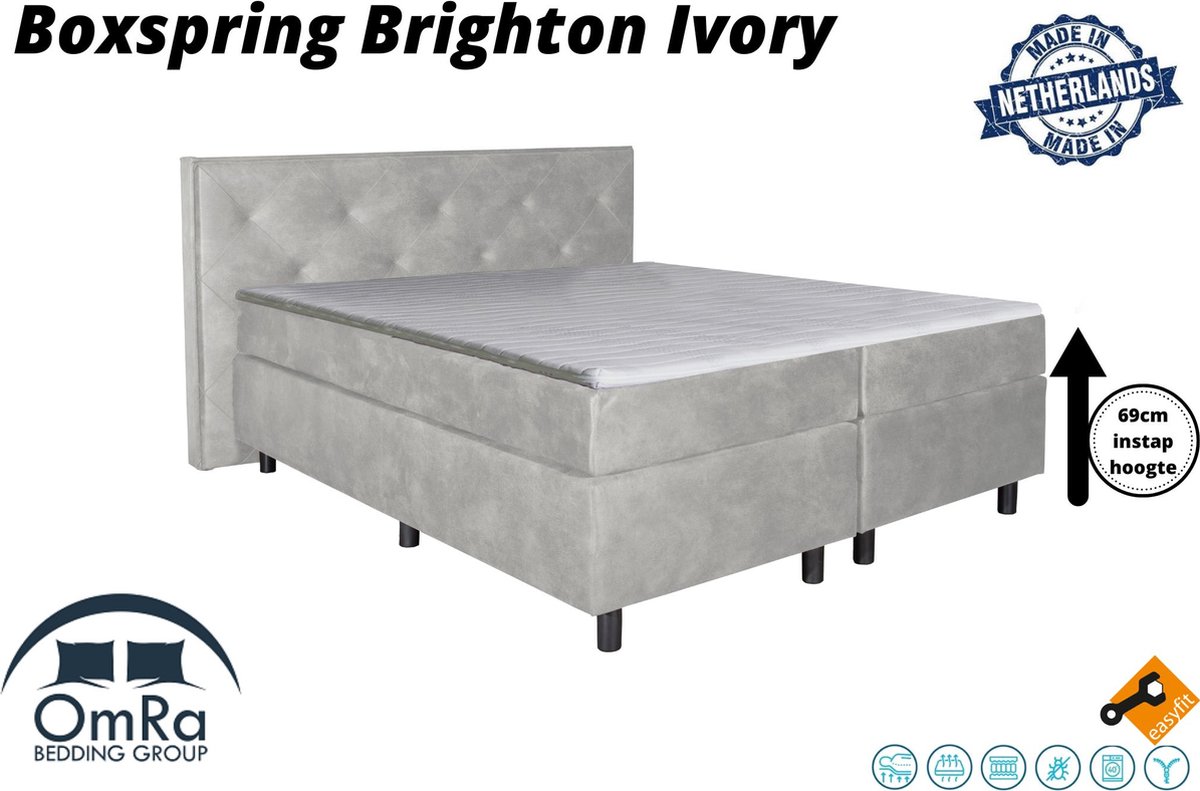 Omra - Complete boxspring - Brighton Ivory - 120x210 cm - Inclusief Topdekmatras - Hotel boxspring