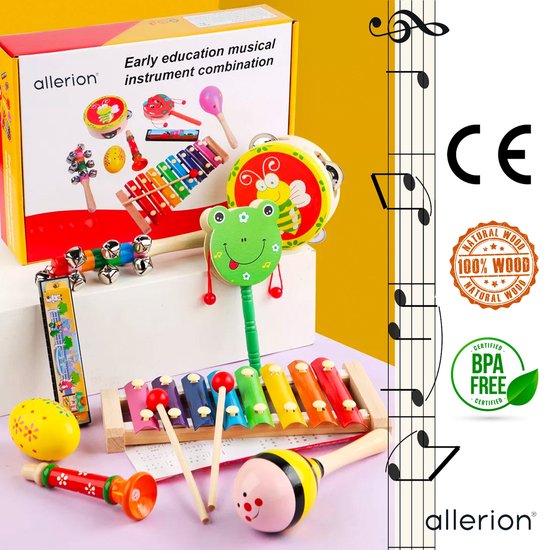 Allerion Houten Muziekinstrumenten – Speelgoed – Voor Kinderen – Set van 8 Verschillende – Xylofoon, Tamboerijn, Harmonica en meer – Vanaf 3 Jaar