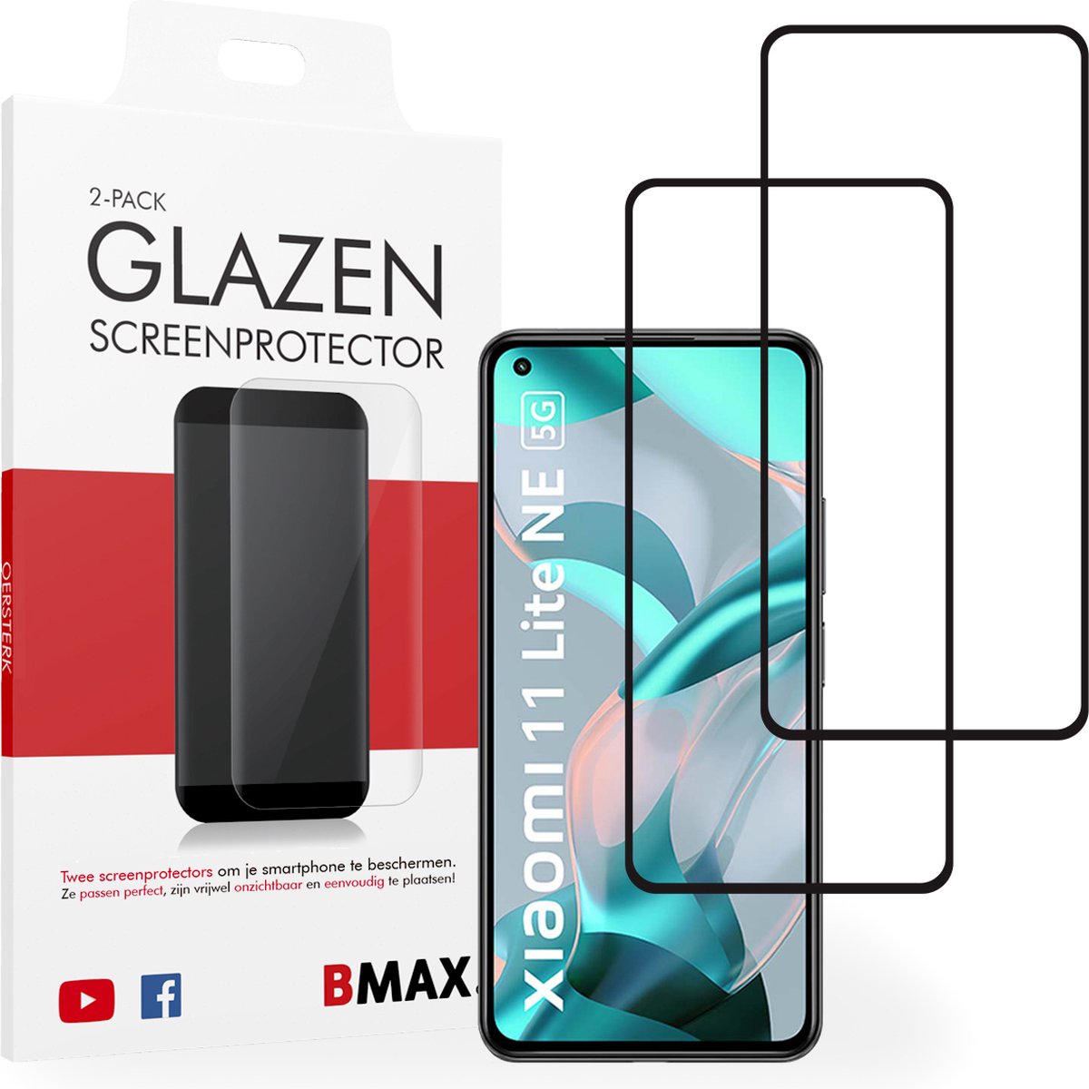 2-pack BMAX Xiaomi 11 Lite 5G NE Screenprotector glas - Full Cover gehard glas - Tempered glas - Xiaomi screenprotectors 2 stuks - Telefoonglaasje - Beschermglas - Glasplaatje - Screensaver - Screen protector - Case friendly - Zwart