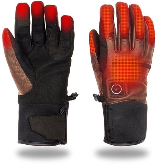 Zwarte en bruine verwarmde handschoenen met gloeiende rode vingertoppen en een aan/uit-icoon.