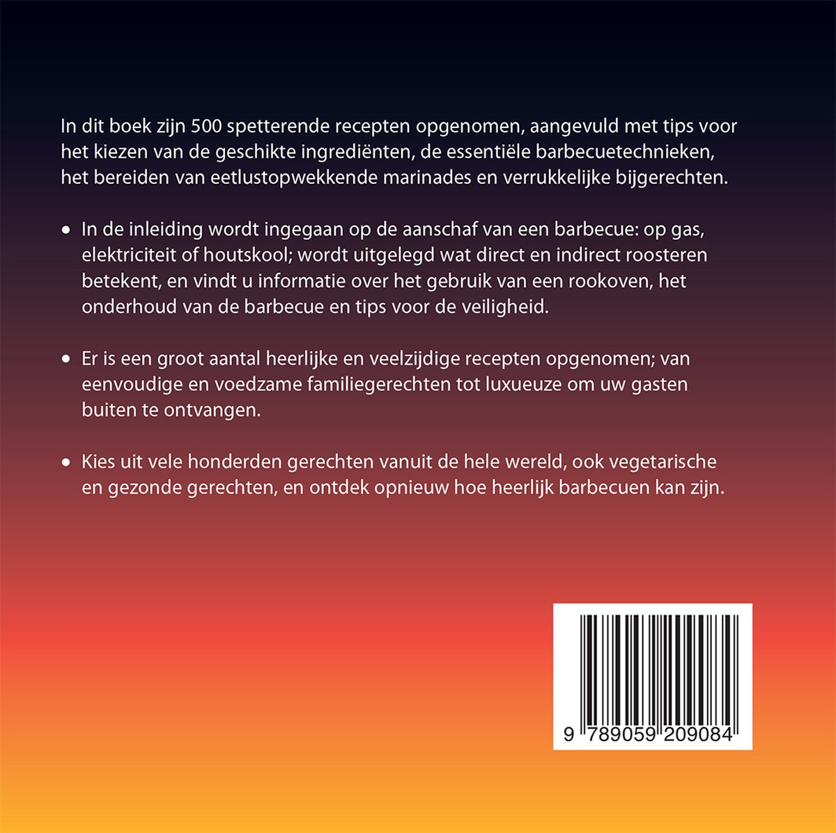 Boekkaft met tekst over 500 barbecuegerechten, barbecuetechnieken en recepten, met ISBN.