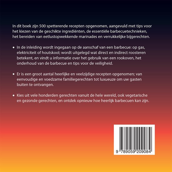 Boekkaft met tekst over 500 barbecuegerechten, barbecuetechnieken en recepten, met ISBN.