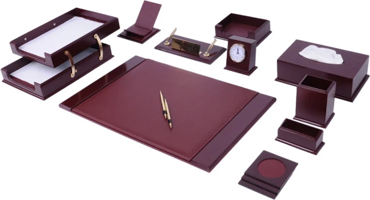 Prestige Houten Bureau Set - Lederen bureau set - BORDEAUX ROOD - 12 delige - Bureau accessoires Set - 12 Accessoires - Office Desk Organizer Set - handgemaakte lederen bureau set - Manager Gift