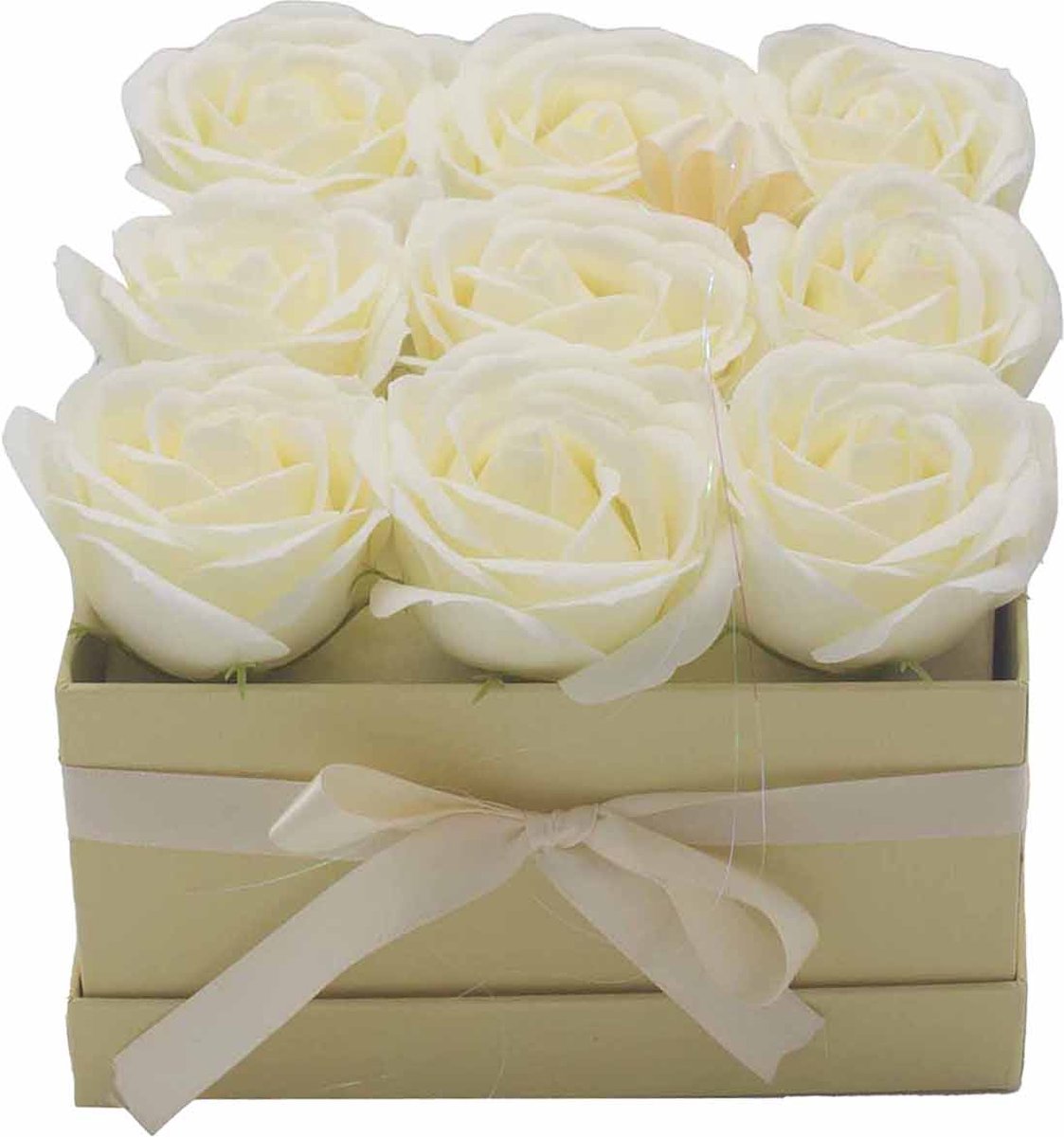 Zeep Bloemen Geschenkset - 9 Crème Rozen - Vierkant - 18x18x15cm