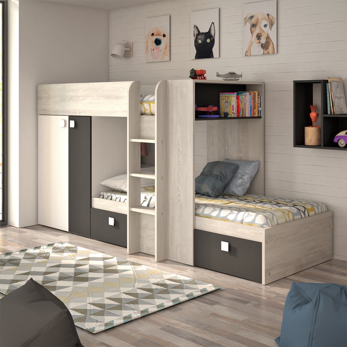 Stapelbed Beau (lattenbodem Onderste Bed Niet Inbegrepen) - Grenen/grijs - Trasman - Stapelbed - Bruin; Antraciet - Melamine; Kunststof; Metaal; Spaanplaat Eenpersoons Stapelbed