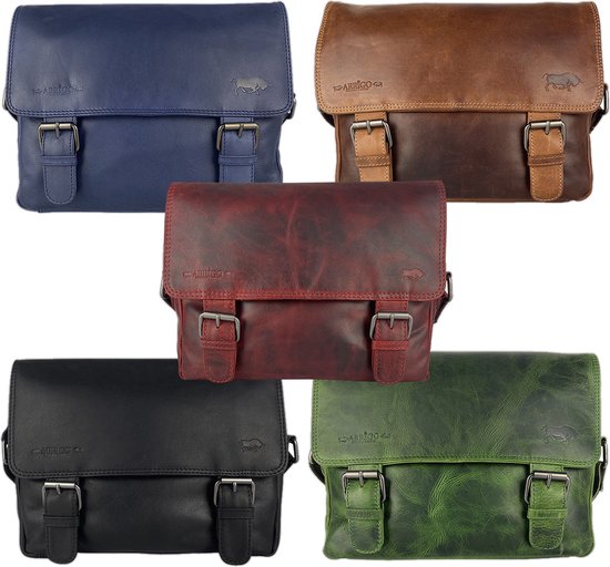 Cinq sacs bandoulière en cuir de différentes couleurs : bleu marine, marron, rouge, noir et vert.