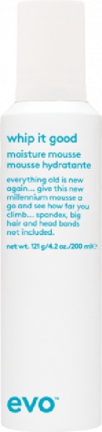 Witte fles Evo Whip it good vochtinbrengende mousse met blauwe tekst.