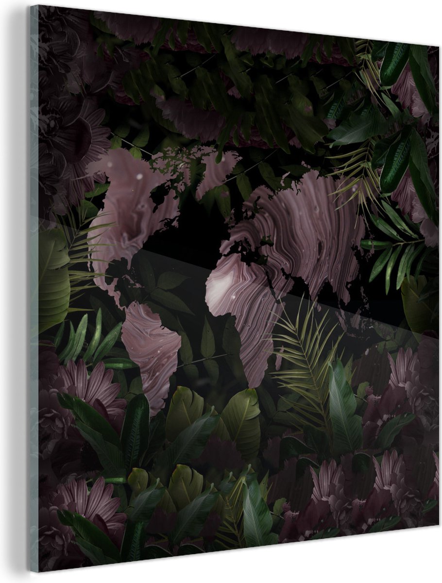 Afbeelding van product MuchoWow  Glasschilderij - Wereldkaart - Paars - Planten - 50x50 cm - Acrylglas Schilderijen - Foto op Glas