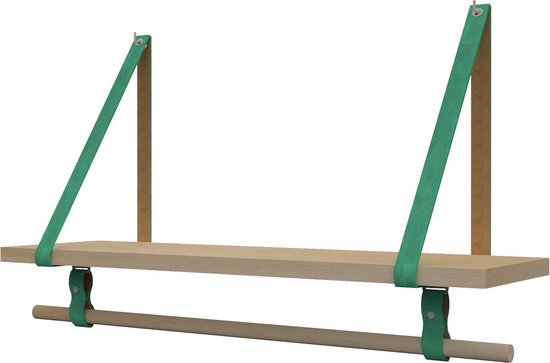 Plankje Roe 98cm - Handles and more® | ZEEGROEN (Complete set: leren plankdragers + plank eikenhout + roede)