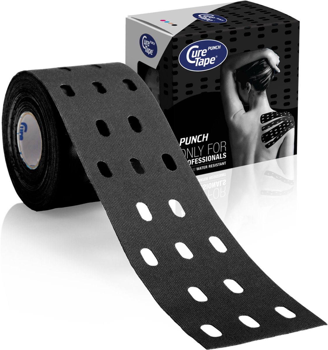 CureTape® Punch - Kinesiotape - Zwart - 5 cm x 5 m -Kinesiotape met gaten - FysioTape - Uniek gatenpatroon - Werkt sterker op huid en fascie - Veel gebruikt voor pijndemping en lymfedrainage