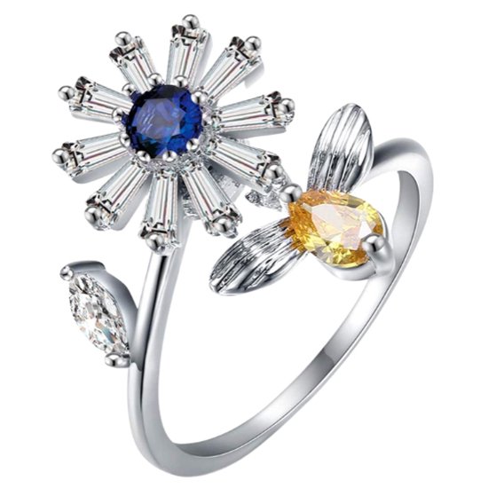Anxiety Ring - (Draairing Bloem/Bij) - Stress Ring - Fidget Ring - Anxiety Ring For Finger - Draaibare Ring Dames - Spinning Ring - Spinner Ring - One-size - Zilver 925