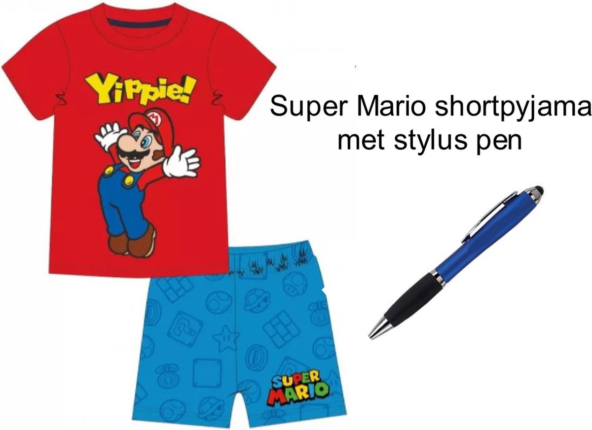 Super Mario Bross Short Pyjama - Rood/blauw - 100% Katoen. Maat 128 cm / 8 jaar + EXTRA 1 Stylus Pen.