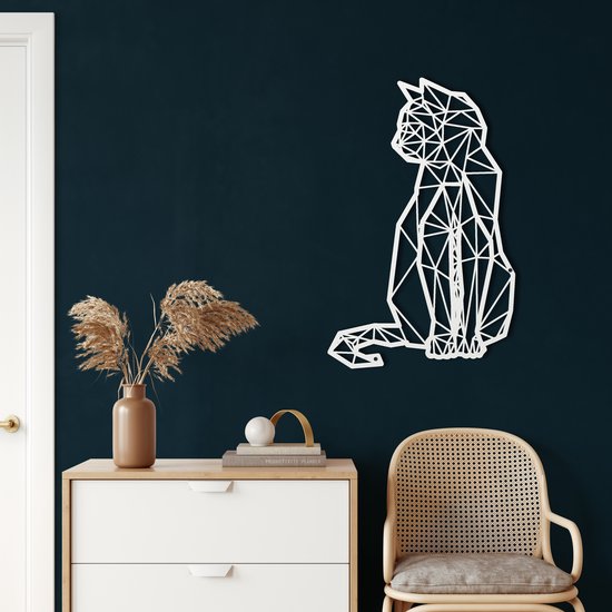 Wanddecoratie | Geometrische Kat  /Geometric Cat | Metal - Wall Art | Muurdecoratie | Woonkamer |Wit| 58x91cm