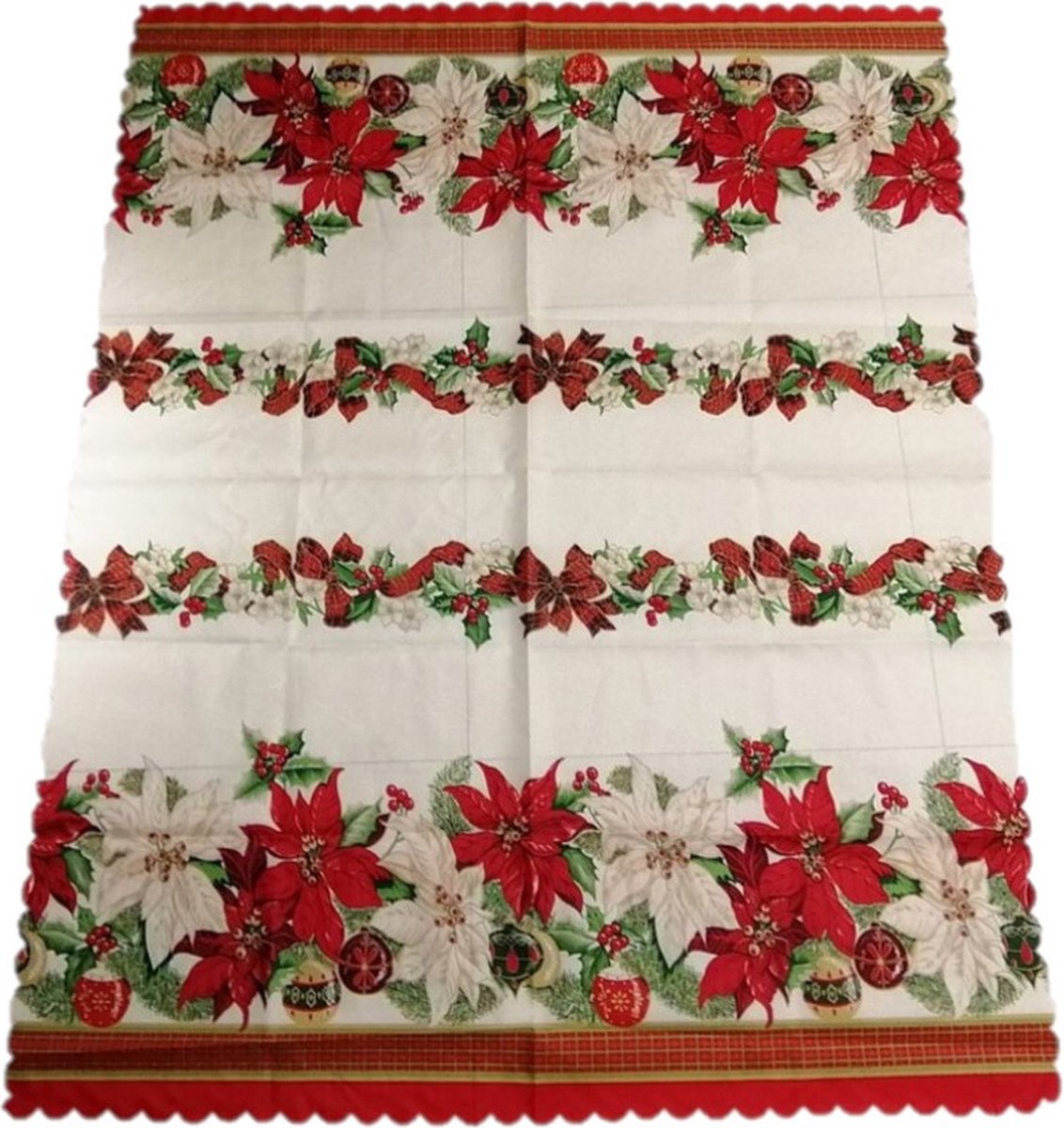 Kerst thema print tafelkleed van 150 x 220 cm - Kerstbloemen print in de kleuren ecru/groen/rood - Materiaal: polyester