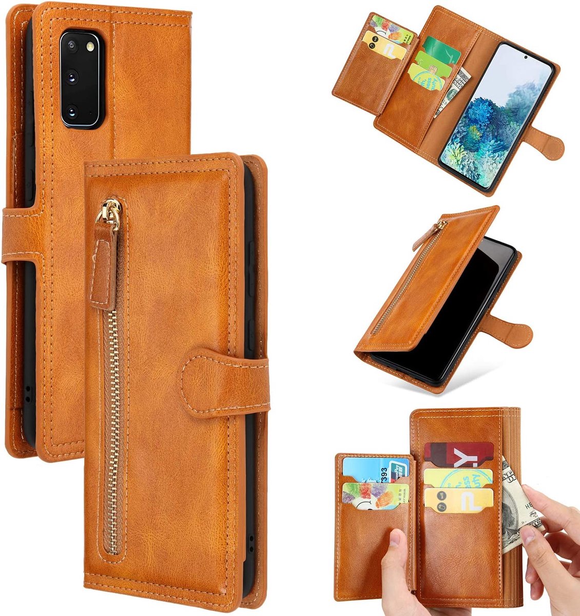Premium vintage portemonnee hoesje met ritssluiting flip-cover hoes met kaarthoudersleuven Geschikt voor: Samsung Galaxy A33 5G - licht bruin