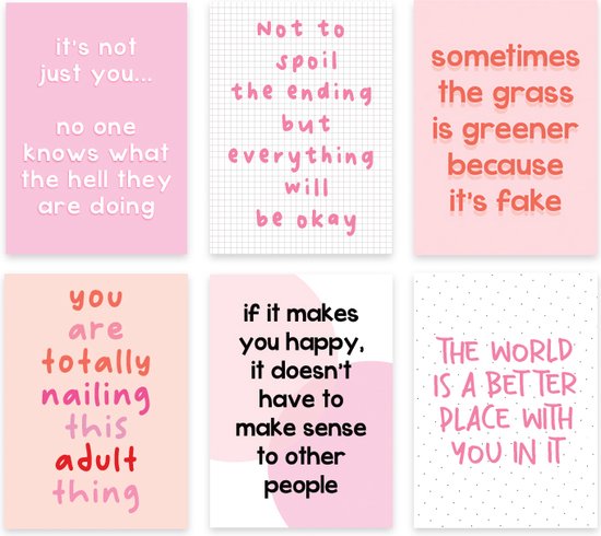 Live Life Happy roze positieve quote kaarten set 6 stuks