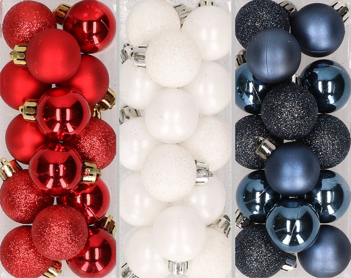 42 kleine kunststof kerstballen mix rood, wit en blauw 3 cm - kerstversiering.
