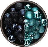 74x morceaux de boules de Noël en plastique mélange de bleu foncé et bleu turquoise 6 cm - Décorations de Noël