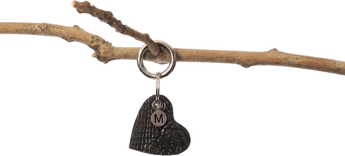 Madhura Bags Sleutelhanger Hart Zwart - Buffelleer- Lichte krokodillenprint - Naamletter M