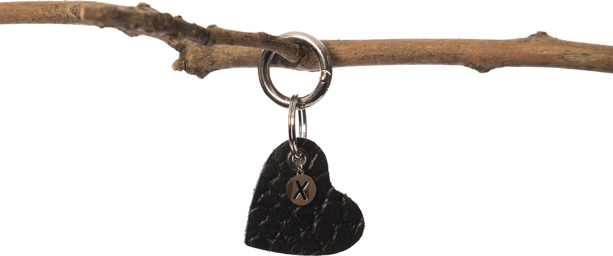 Madhura Bags Sleutelhanger Hart Zwart - Buffelleer- Lichte krokodillenprint - Naamletter X