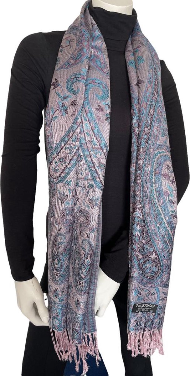 Pashmina Sjaal- Fashion Sjawl Pareo Omslagdoek- Fijn geweven Sjaal 206/5- Grijs met groen Blauw