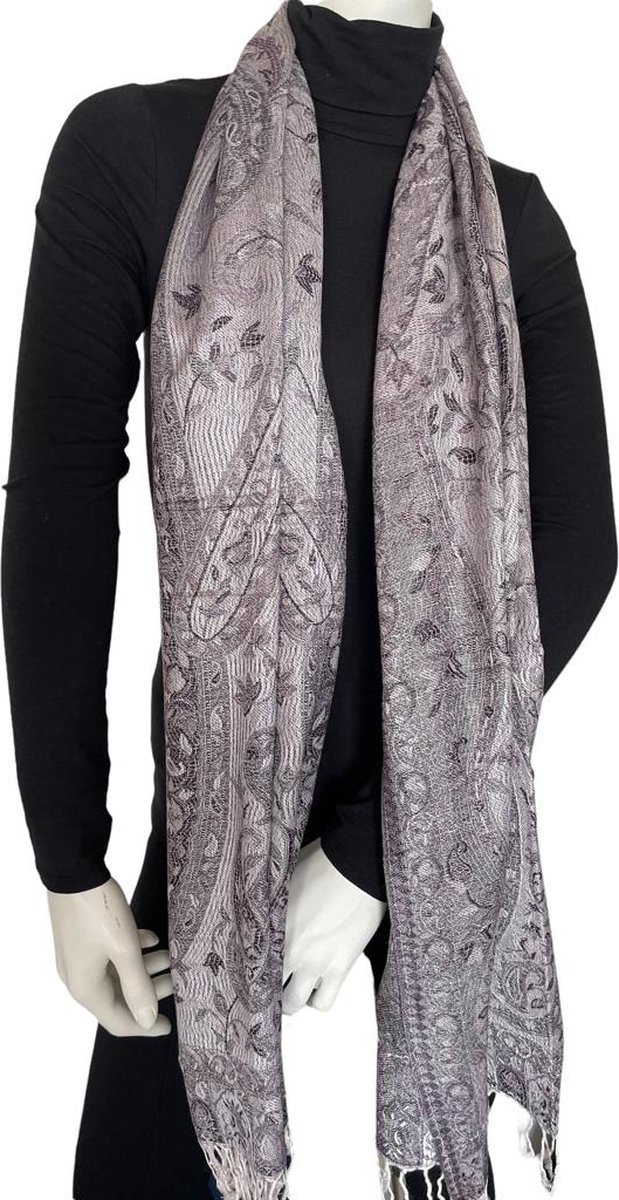 Pashmina Sjaal- Fashion Sjawl Pareo Omslagdoek- Fijn geweven Sjaal 206/4- Grijs met roze details