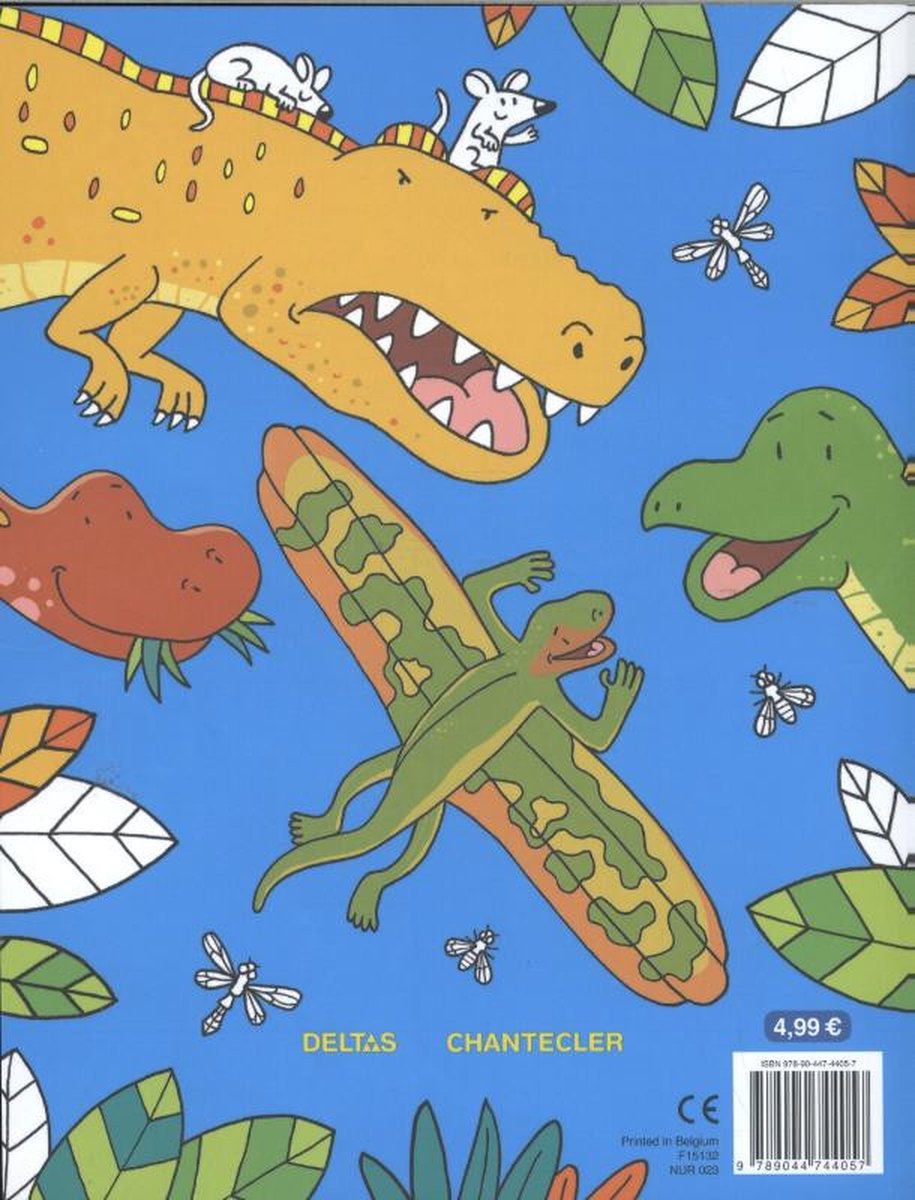 Een gele dinosaurus met drie muizen op zijn rug, een groene gekko en een rode dino-kop op een blauwe achtergrond met bladeren en libellen.