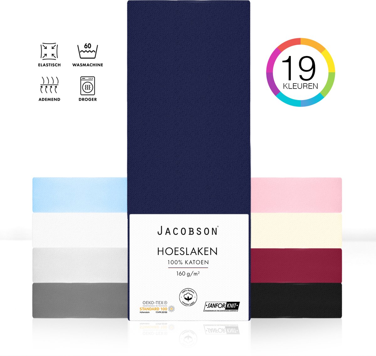 Jacobson PREMIUM - Jersey Hoeslaken - 200x200cm - 100% Katoen - tot 23cm matrasdikte - Donkerblauw