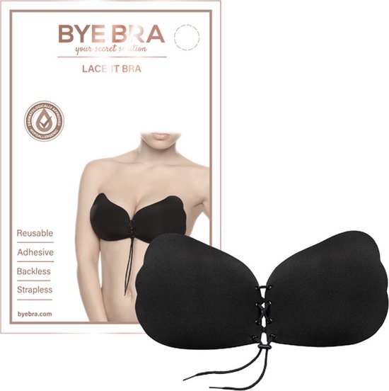 Bye Bra Lace-It Bh, Zelfklevende Bh, Push-Up Bh, Plak BH vetersluiting, Strapless En Backless Bh, Cup A-E, Zwart, D