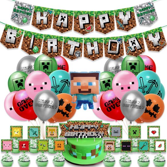 Thema: Minecraft Versiering – Minecraft Decoratie – Verjaardag versiering voor kinderfeestjes - Decoratie voor verjaardag - Ballonnen/Slingers/Caketoppers