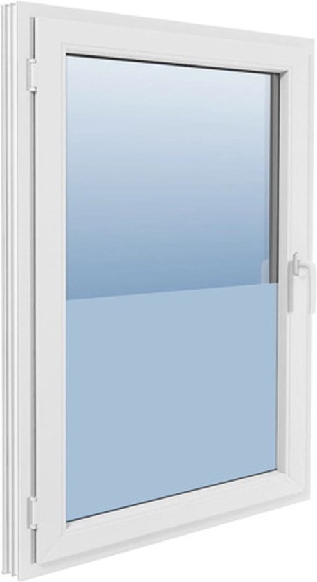 Wit PVC-raam met een matblauw deel, op een witte achtergrond.