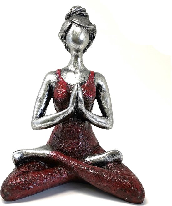 Yoga Beeldje - Vrouw - Zilver & Bordeaux Rood - 24x13x16cm