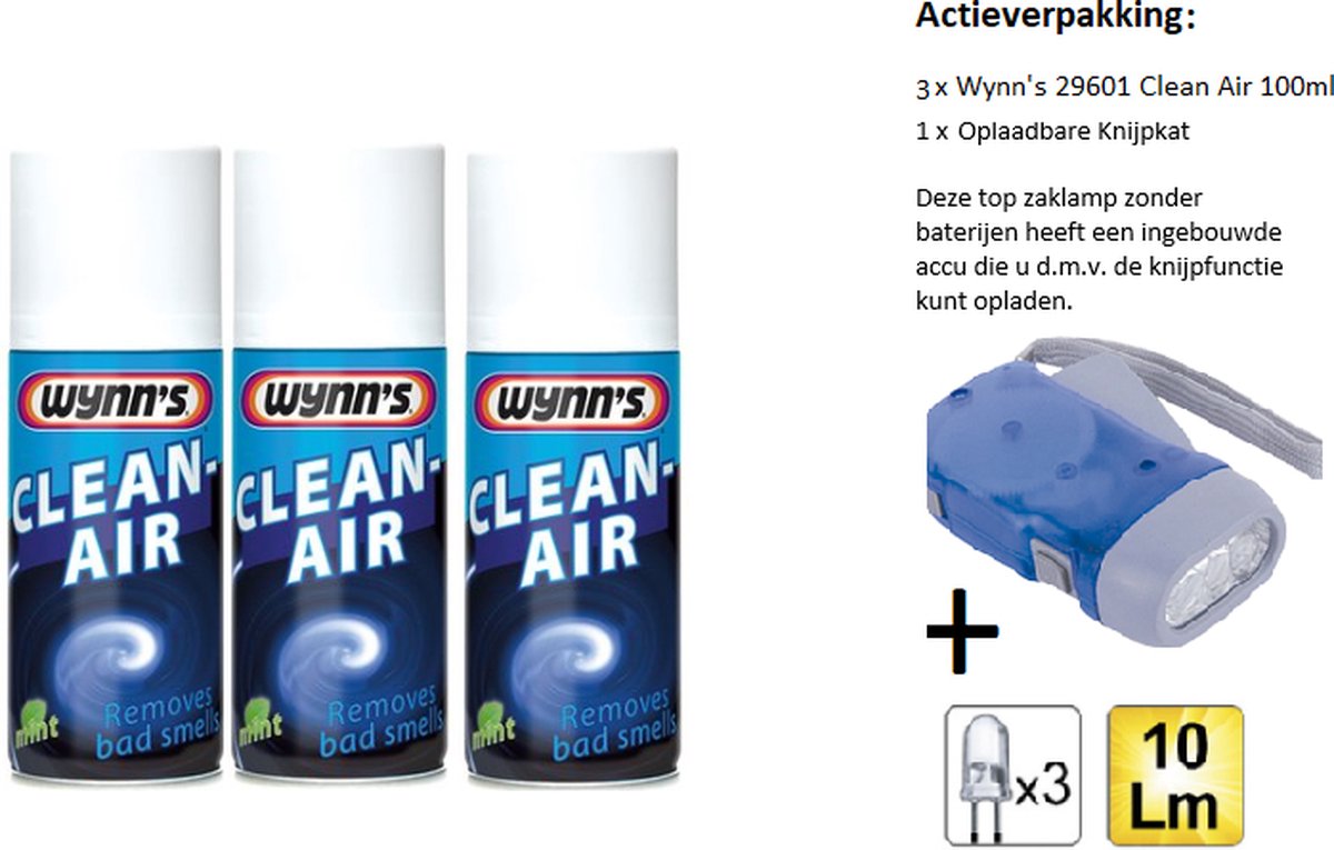 Wynn's 29601 - Clean Air - Airco reiniger - 100ml - 3 Stuks + Zaklamp/Knijpkat