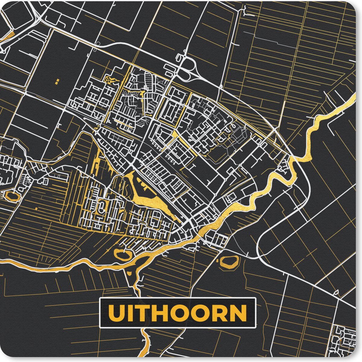 Muismat 20x20 cm - Mousepad Uithoorn - Black and Gold - Stadskaart - Kaart - Plattegrond - Muismatten - Stadskaart